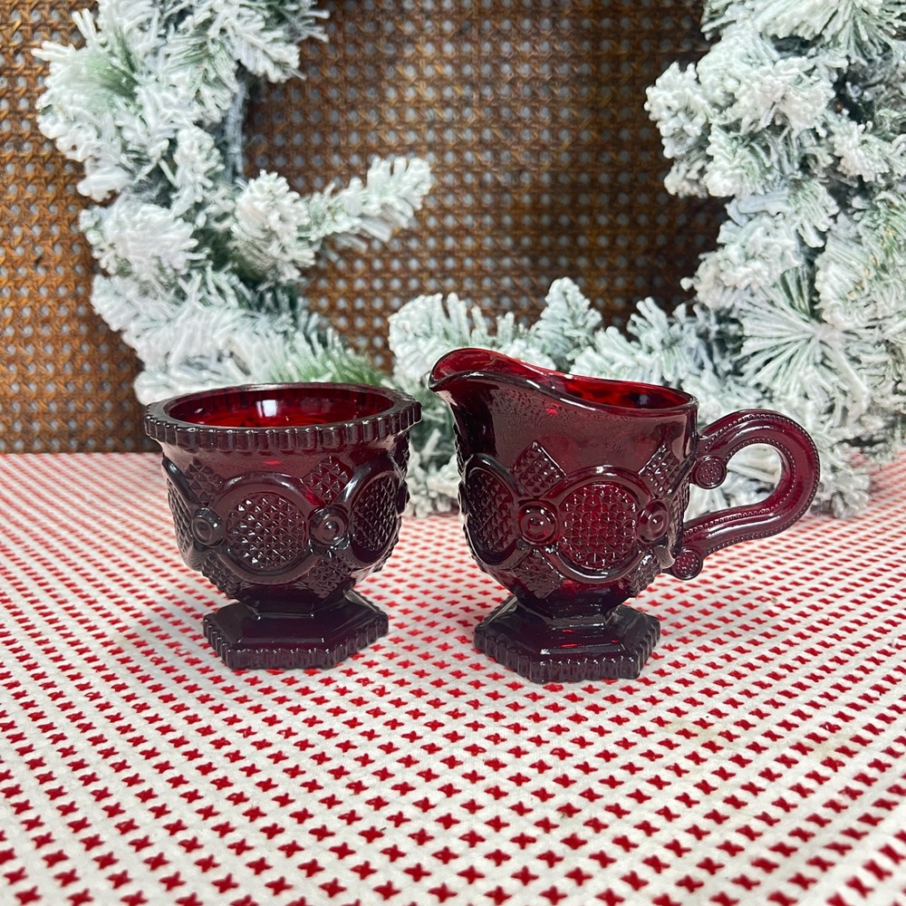 Avon cape cod cream and sugar dish red glass replacement